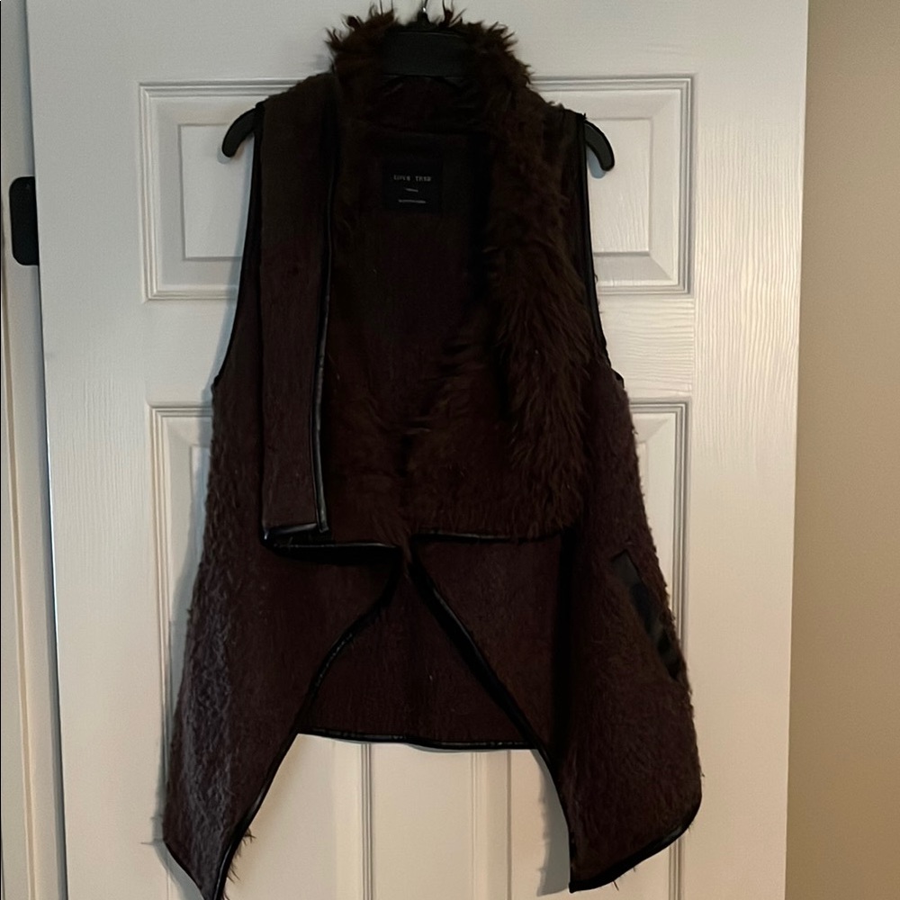 Love Tree dark brown Faux Fur Vest with leather trim